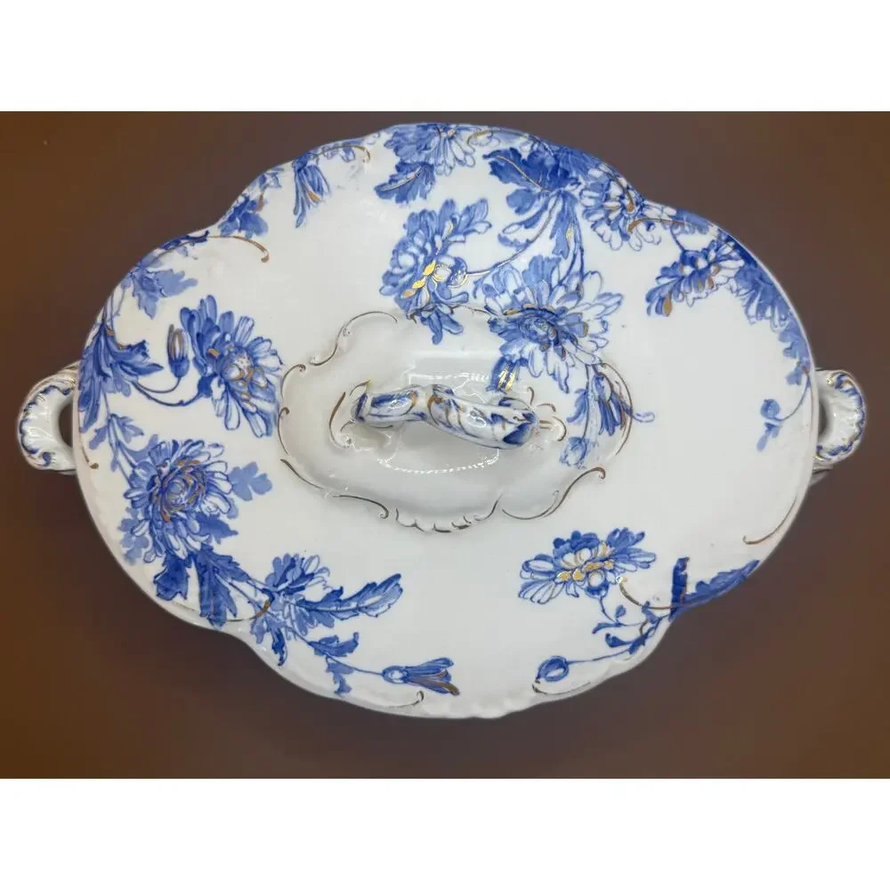 Antique Ridgways England Blue Floral Gold Covered Tureen Serving Dish 9 Inch